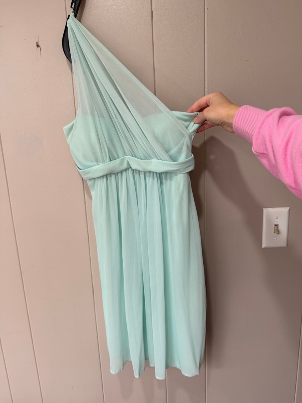 David's Bridal One-Shoulder Mint Green Chiffon Bridesmaid Dress